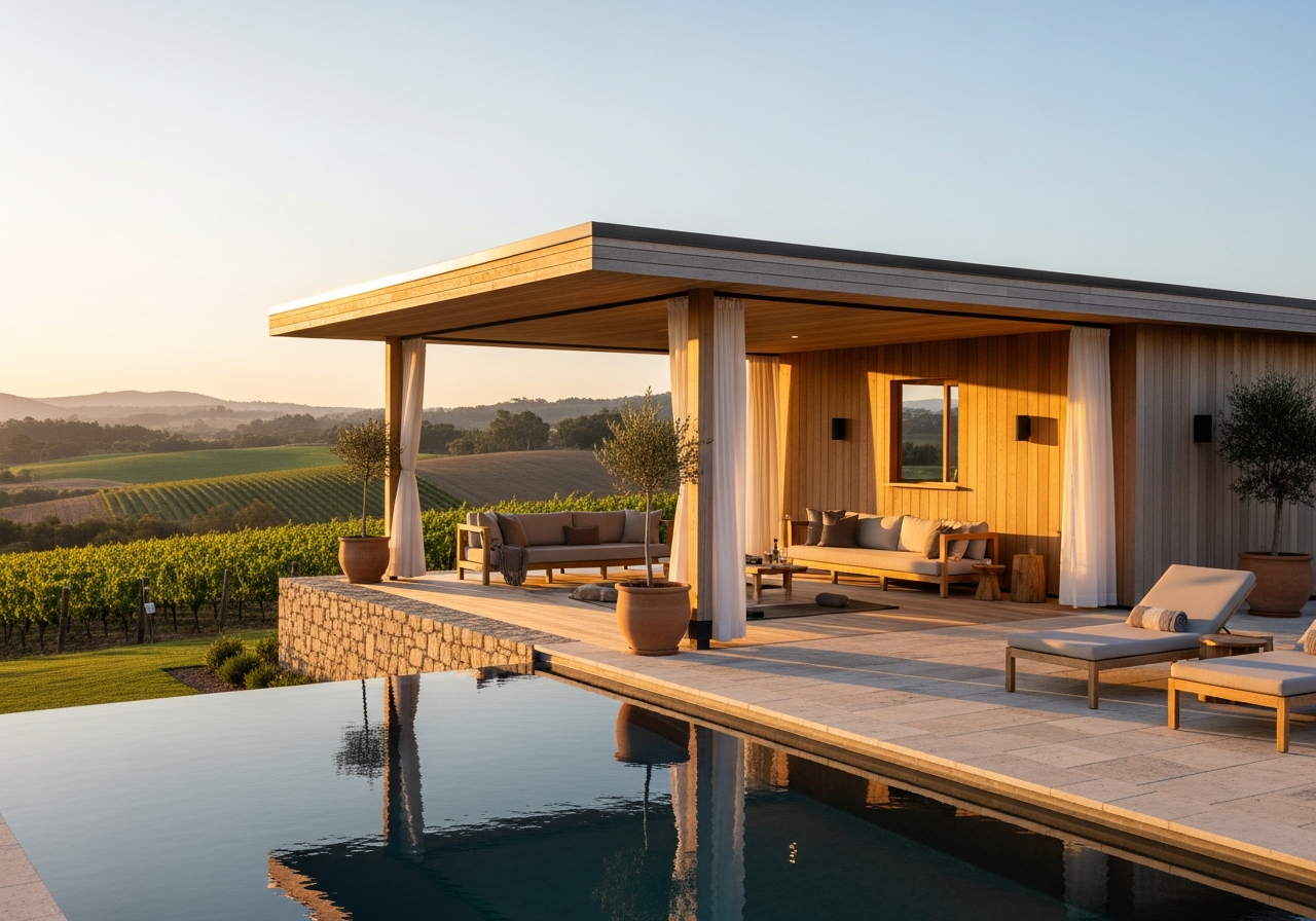 Open-air wellness pavilion with linen daybeds overlooking rolling farmland at a luxury agritourism retreat at golden hour