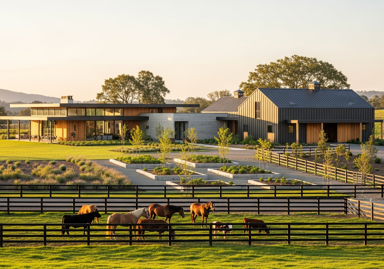 Horses and grazing cattle on lush pasture before a modern timber-and-glass ranch residence and sleek barn at golden hour
